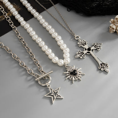 Black Cubic Zirconia and Enamel Pearl Silvertone Star Heart Cross Pendant Necklace Set, silver pendant..., detail close-up