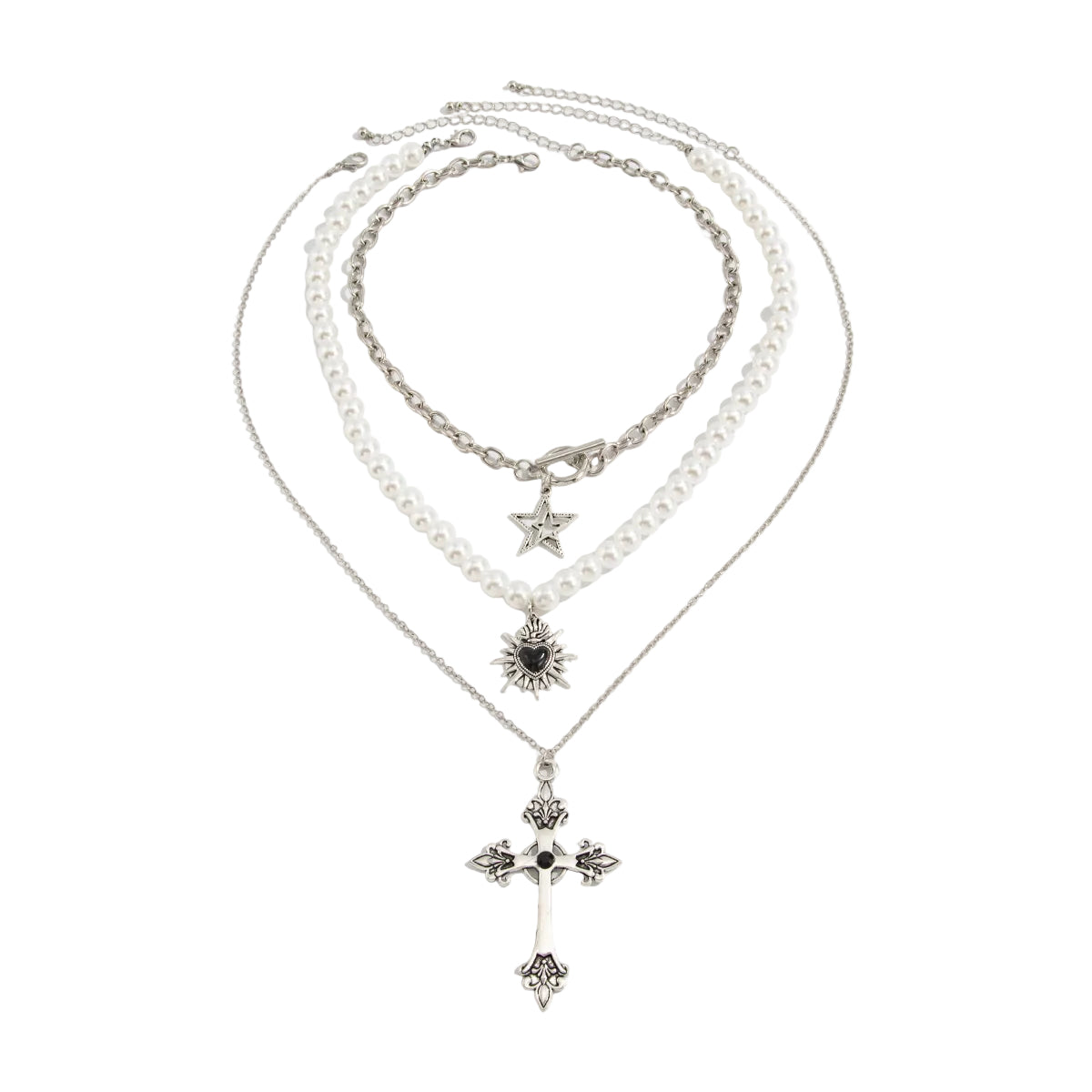 Black Cubic Zirconia and Enamel Pearl Silvertone Star Heart Cross Pendant Necklace Set, silver pendant..., front view