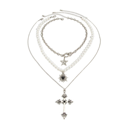 Black Cubic Zirconia and Enamel Pearl Silvertone Star Heart Cross Pendant Necklace Set, silver pendant..., front view