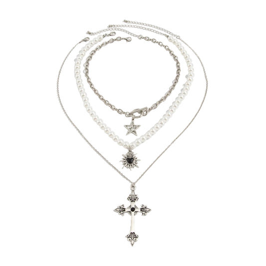 Black Cubic Zirconia and Enamel Pearl Silvertone Star Heart Cross Pendant Necklace Set, silver pendant..., front view