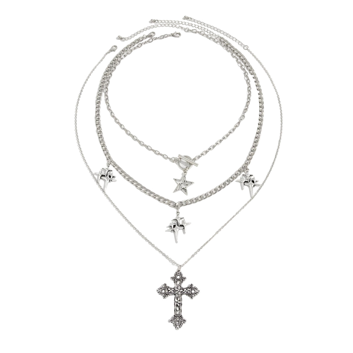 Silvertone Stacked Star Cross Pendant Necklace Set, silver pendant necklace for women, vintage-inspired design, front view