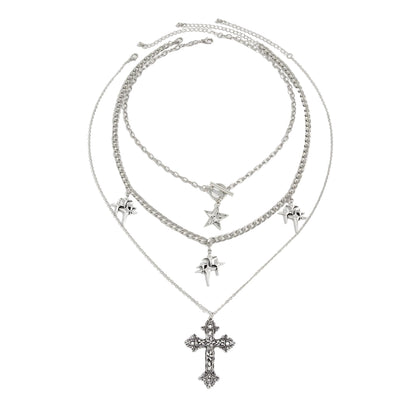 Silvertone Stacked Star Cross Pendant Necklace Set, silver pendant necklace for women, vintage-inspired design, front view