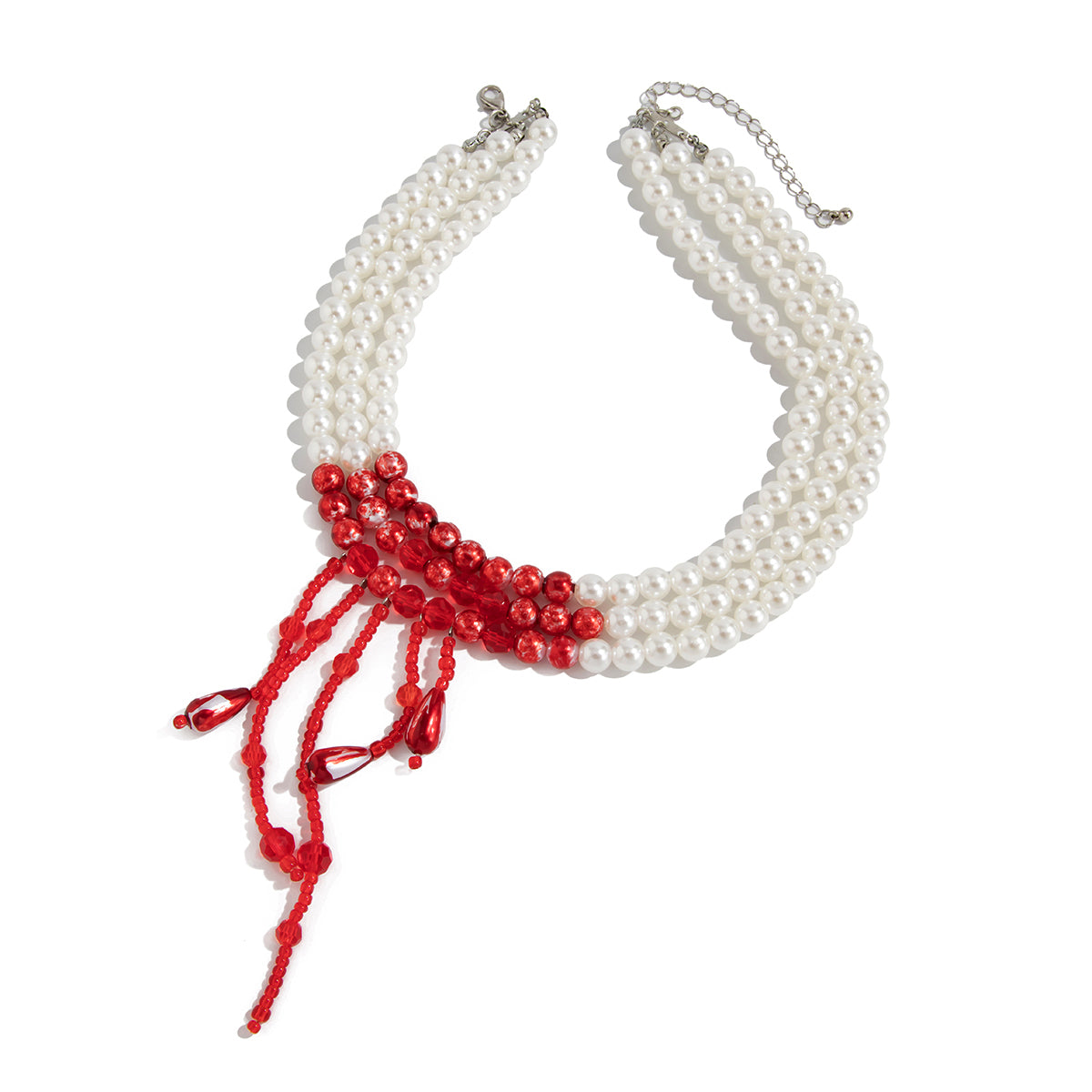 Red Acrylic and Enamel Pearl Silvertone Tassel Layered Necklace, everyday style, front view