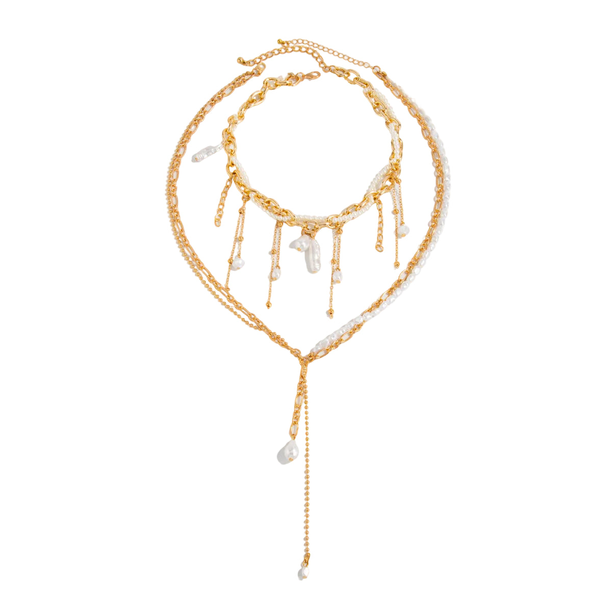Pearl and Goldtone Beads Tassel Drop Necklace Set, gold pendant necklace for women, everyday style, front view