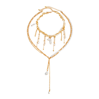 Pearl and Goldtone Beads Tassel Drop Necklace Set, gold pendant necklace for women, everyday style, front view