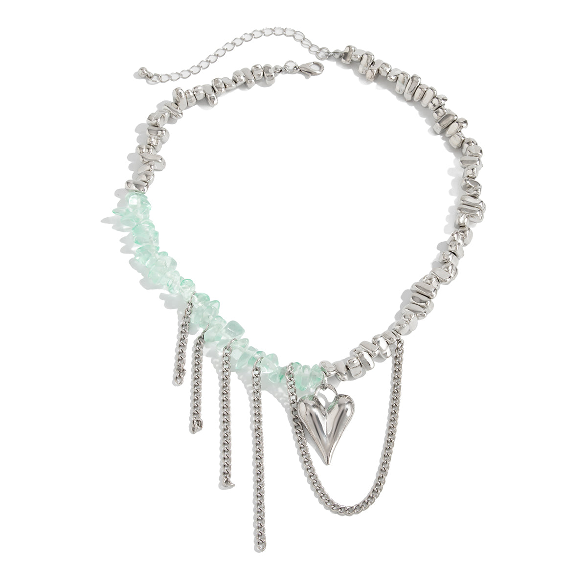 Light Green Acrylic and Silvertone Heart Pendant Tassel Necklace, botanical inspired, front view