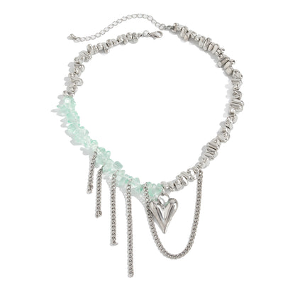 Light Green Acrylic and Silvertone Heart Pendant Tassel Necklace, botanical inspired, front view