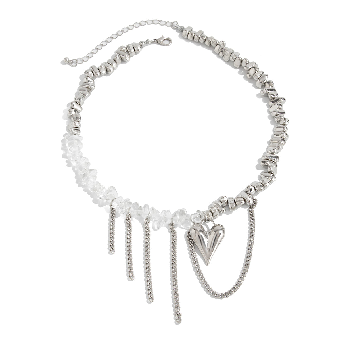 Clear Acrylic and Silvertone Heart Pendant Tassel Necklace, everyday style, front view