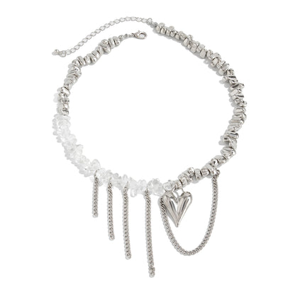 Clear Acrylic and Silvertone Heart Pendant Tassel Necklace, everyday style, front view
