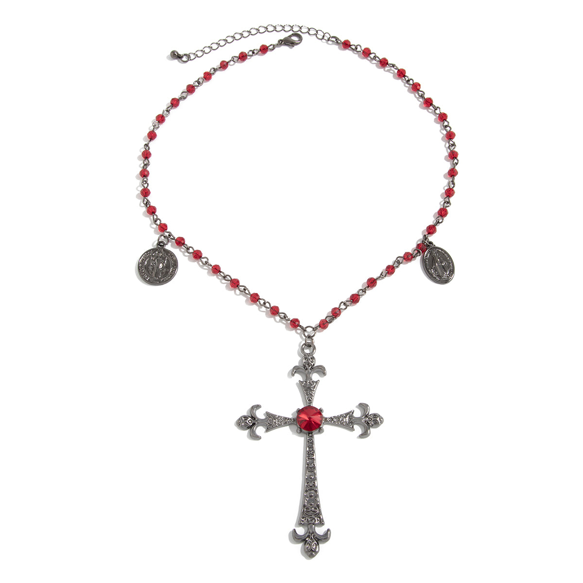 Red Cubic Zirconia and Acrylic Blacktone Coin Cross Pendant Necklace, botanical inspired, front view
