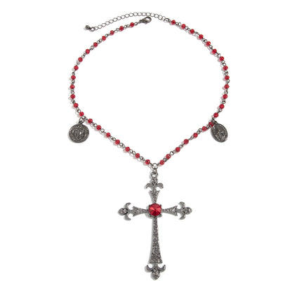 Red Cubic Zirconia and Acrylic Blacktone Coin Cross Pendant Necklace, botanical inspired, front view