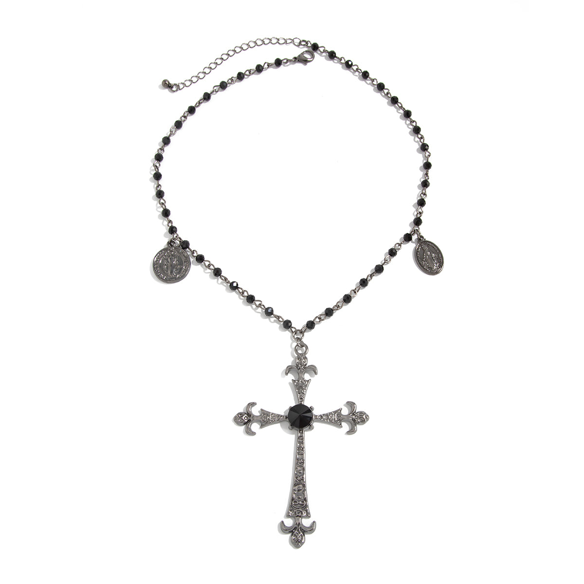 Black Cubic Zirconia and Acrylic Blacktone Coin Cross Pendant Necklace, dainty minimalist design, front view