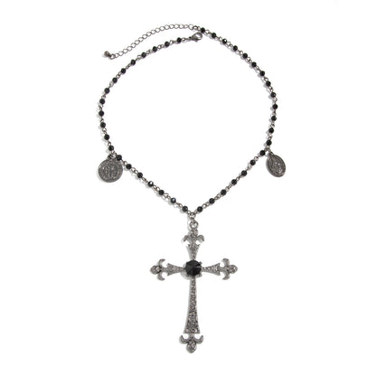 Black Cubic Zirconia and Acrylic Blacktone Coin Cross Pendant Necklace, dainty minimalist design, front view