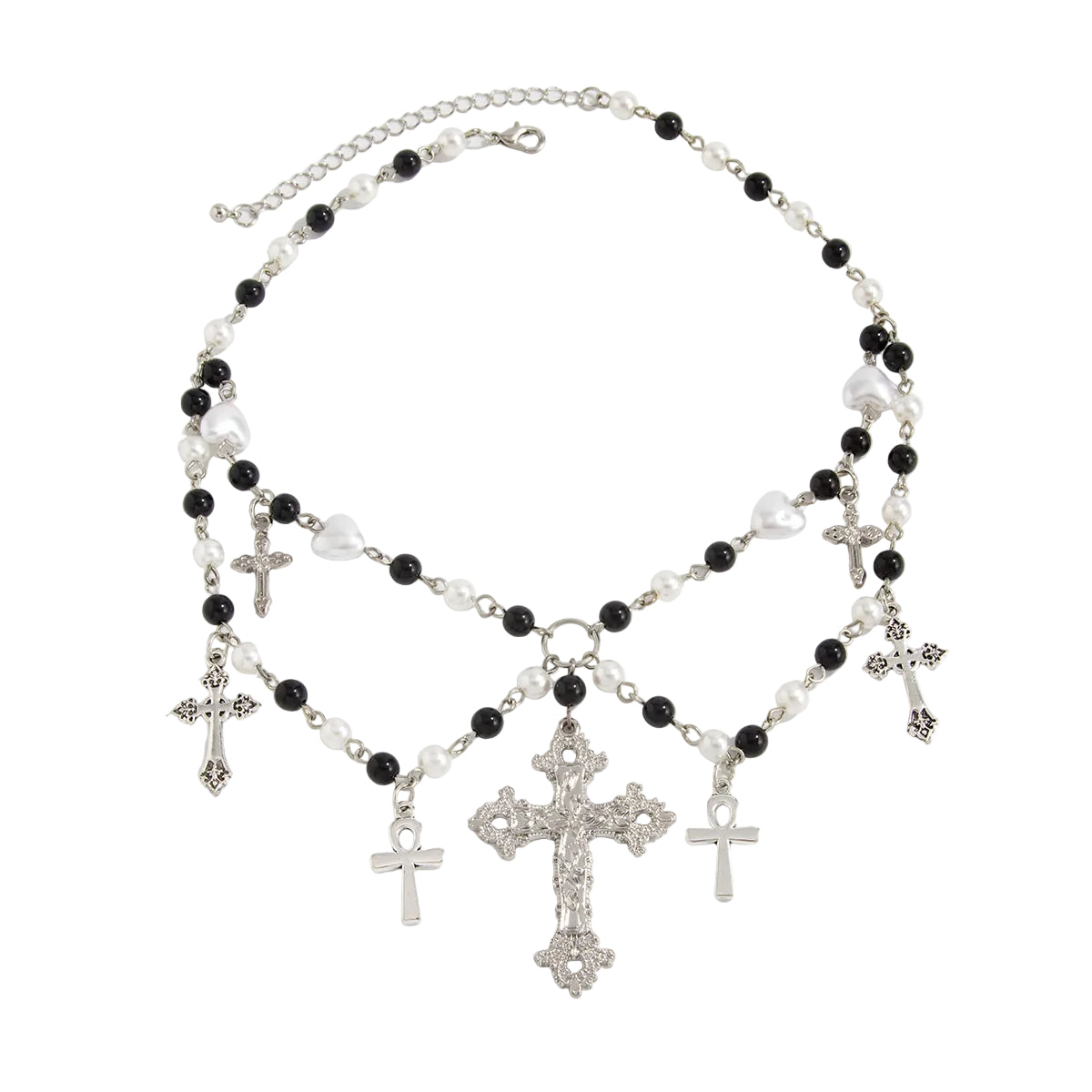 Black Acrylic and Pearl Silvertone Cross Tassel Layered Necklace, everyday style, front view