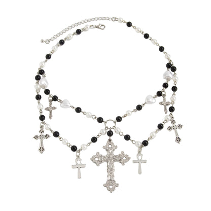 Black Acrylic and Pearl Silvertone Cross Tassel Layered Necklace, everyday style, front view