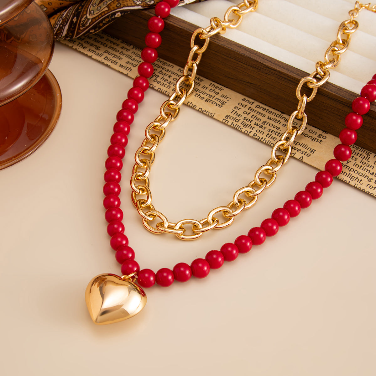 Red Resin & Goldtone Beads Chain Heart Pendant Necklace Set