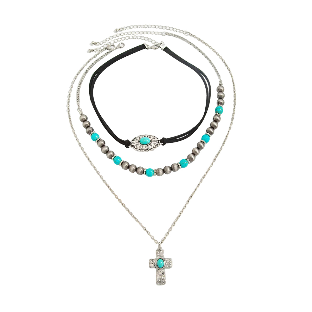 Black Polyster and Turqouise Resin Silvertone Beads Chain Cross Pendant Necklace Set, silver pendant necklace..., front view