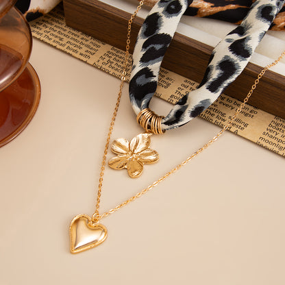 Polyster & Goldtone Botany Print Flower Heart Pendant Necklace Set