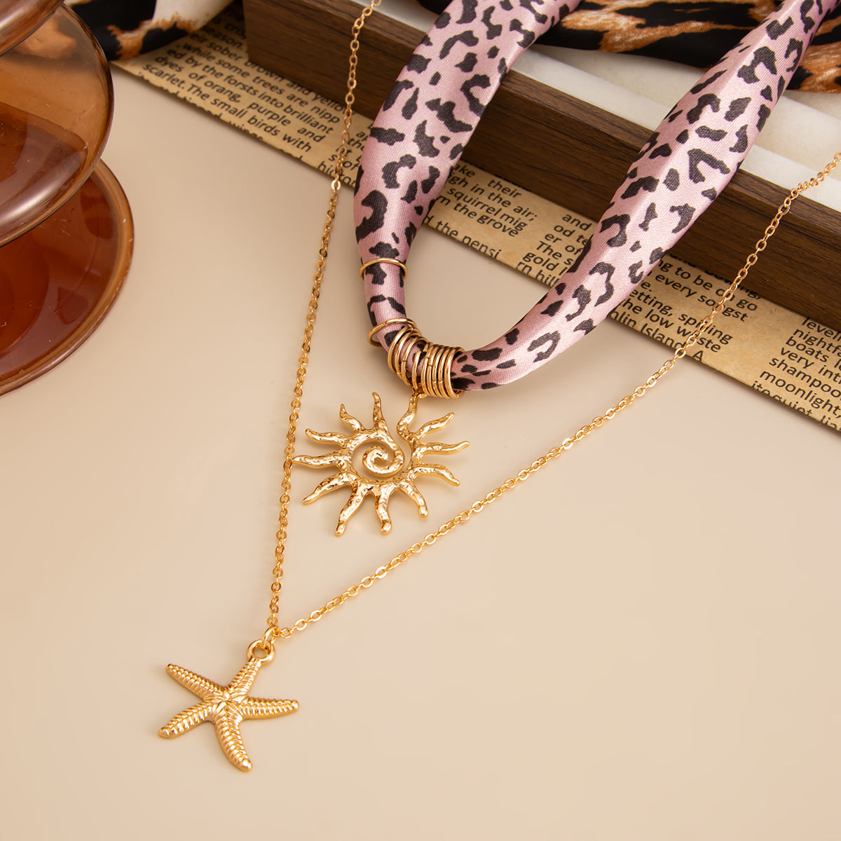 Polyster & Goldtone Cow Print Sun Starfish Pendant Necklace Set