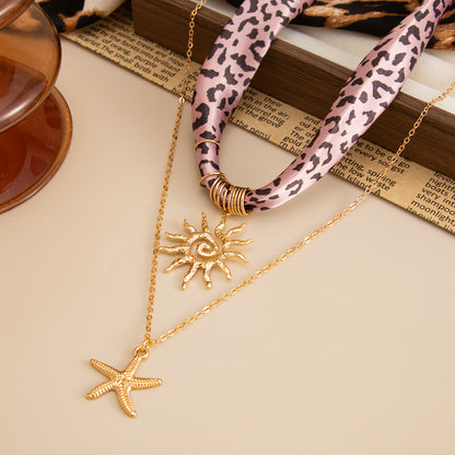 Polyster & Goldtone Cow Print Sun Starfish Pendant Necklace Set