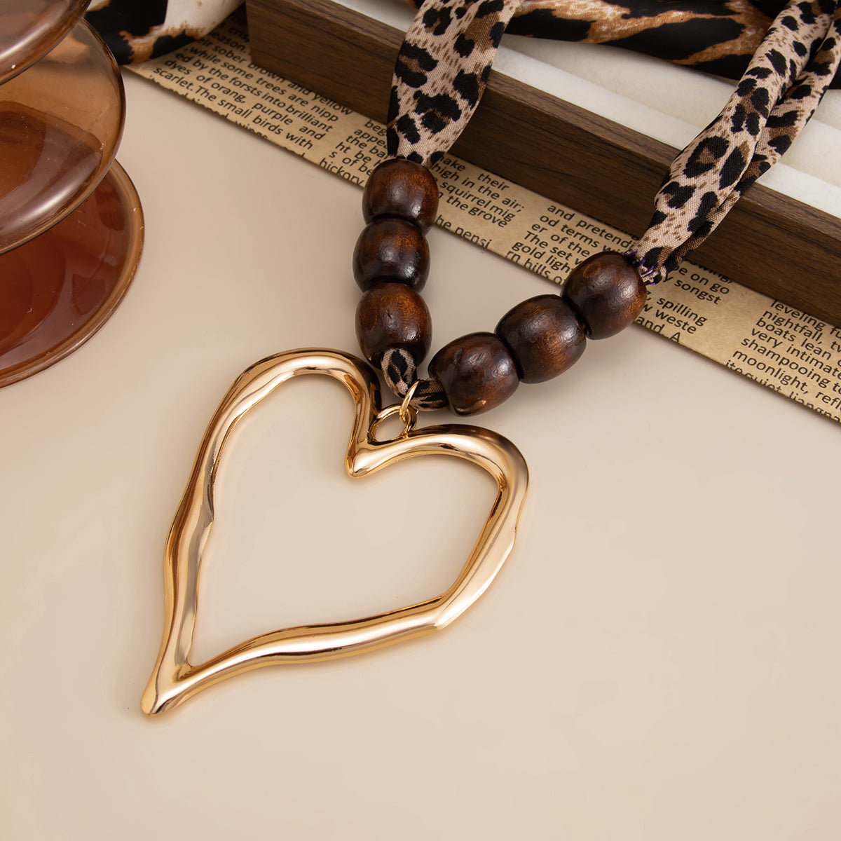 Polyster and Wood Goldtone Open Heart Pendant Necklace, everyday style, side view