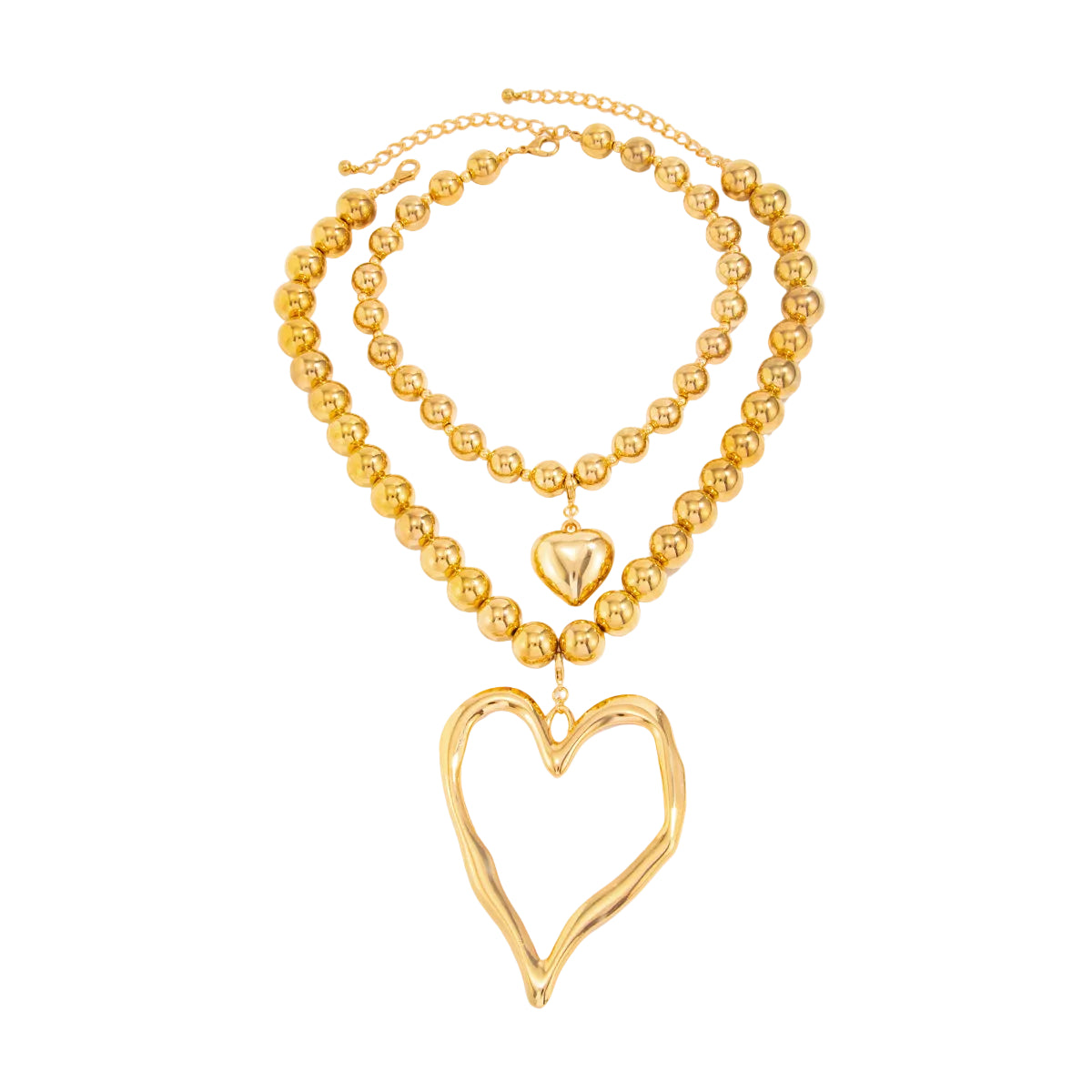 Goldtone Beads Chain Heart Pendant Statement Necklace Set, gold pendant necklace for women, everyday style, front view