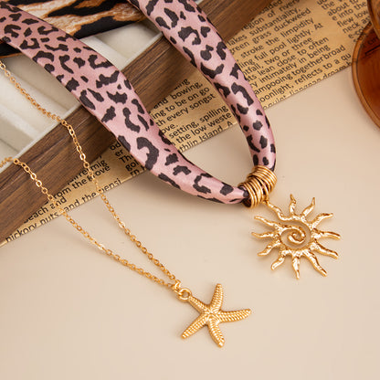 Polyster & Goldtone Cow Print Sun Starfish Pendant Necklace Set
