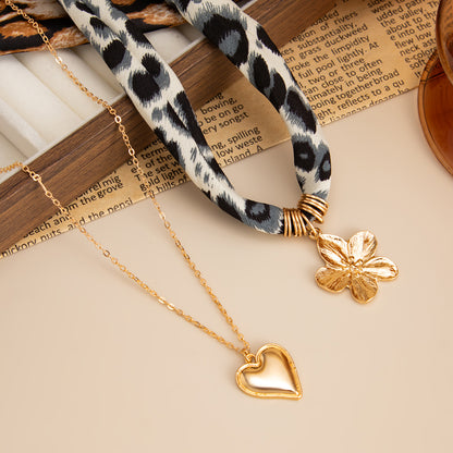 Polyster & Goldtone Botany Print Flower Heart Pendant Necklace Set