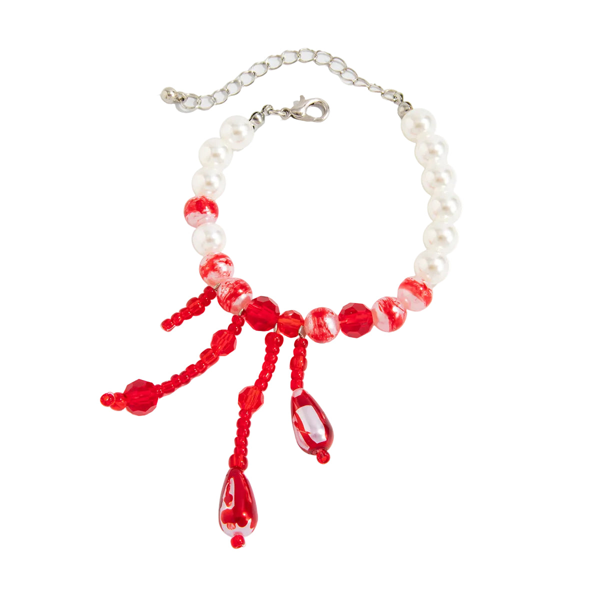 Red Enamel and Acrylic Pearl Silvertone Drop Tassel Bracelet, silver bracelet for women, dainty minimalist design, front view