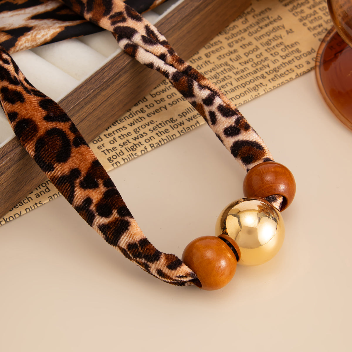 Polyster and Wood Goldtone Ball Collar Necklace, vintage-inspired design, detail close-up