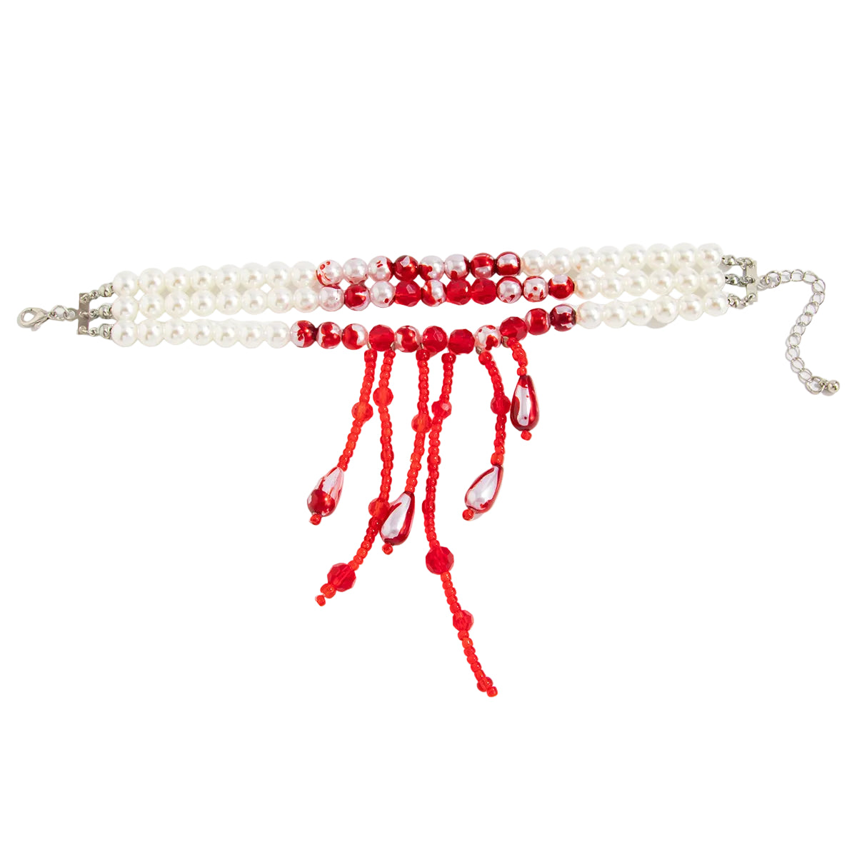 Red Acrylic and Enamel Pearl Silvertone Tassel Layered Anklet, silver anklet bracelet, vintage-inspired design, front view