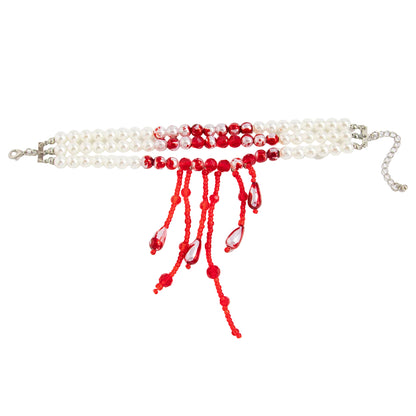 Red Acrylic and Enamel Pearl Silvertone Tassel Layered Anklet, silver anklet bracelet, vintage-inspired design, front view