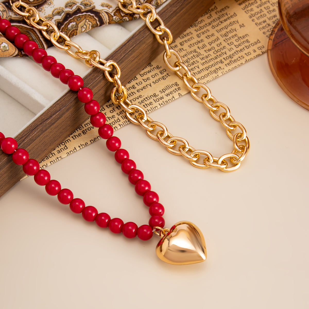 Red Resin & Goldtone Beads Chain Heart Pendant Necklace Set