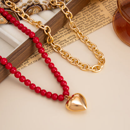 Red Resin & Goldtone Beads Chain Heart Pendant Necklace Set