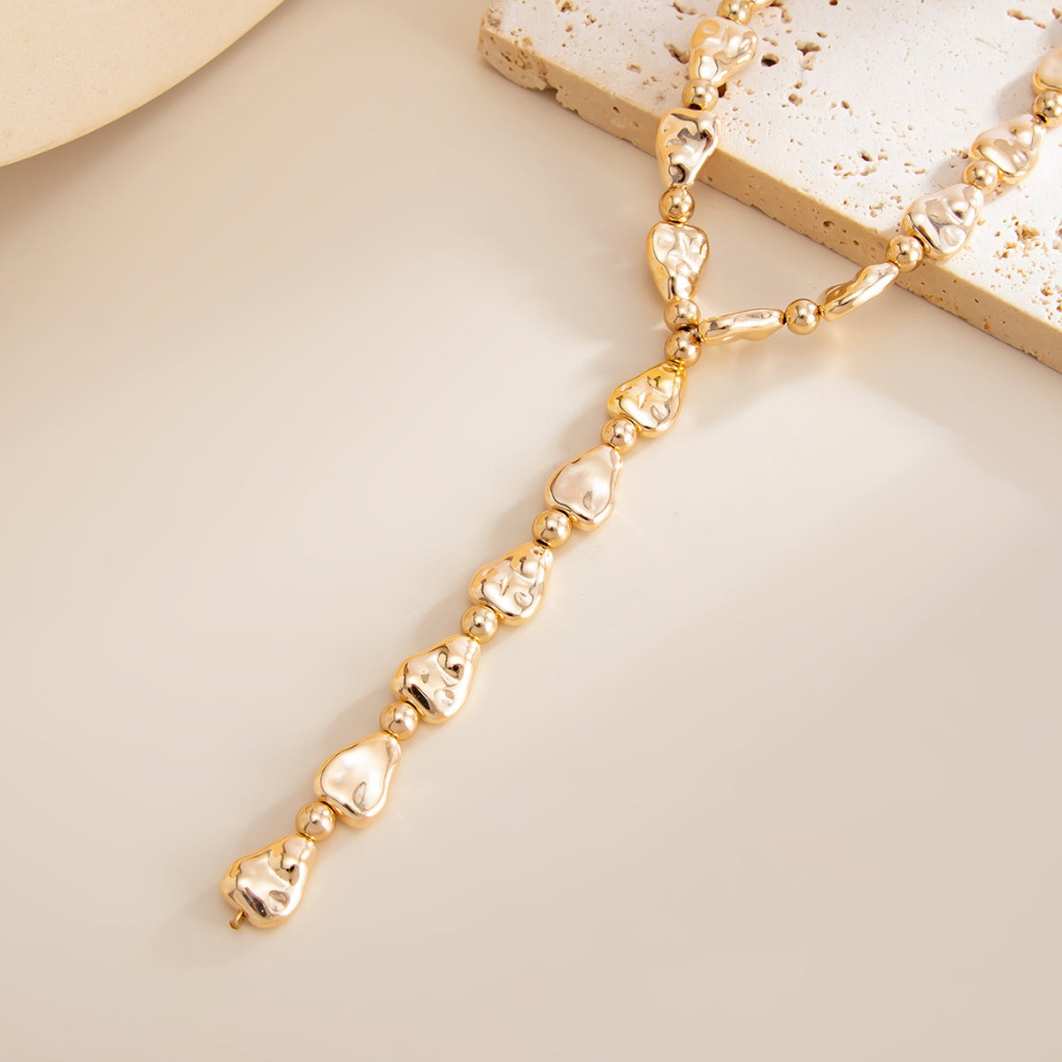 Goldtone Hammered Drop Y-Necklace, everyday style, detail close-up