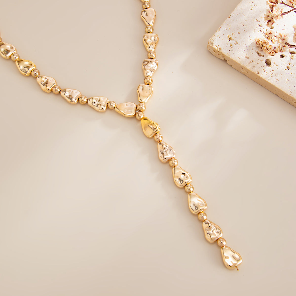 Goldtone Hammered Drop Y-Necklace, everyday style, side view