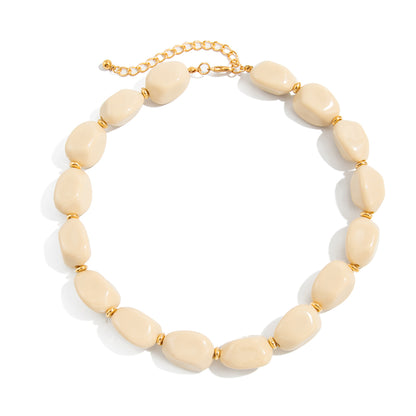 Beige Resin and Goldtone Irregular Beads Collar Necklace, everyday style, front view