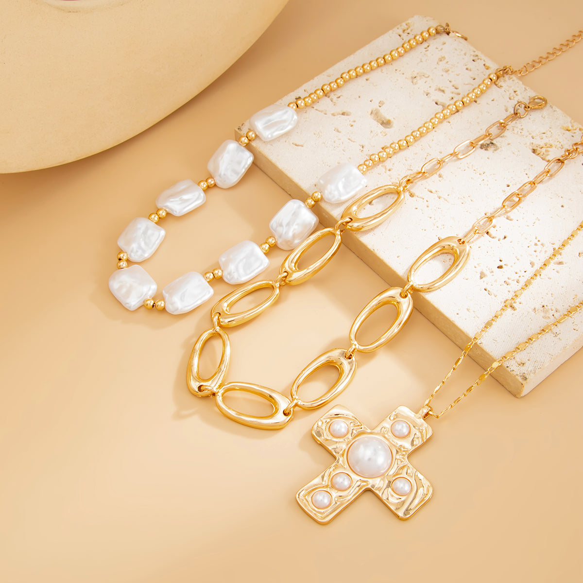 Baroque Pearl and Goldtone Oval Chain Cross Pendant Necklace Set, gold pendant necklace for women, side view