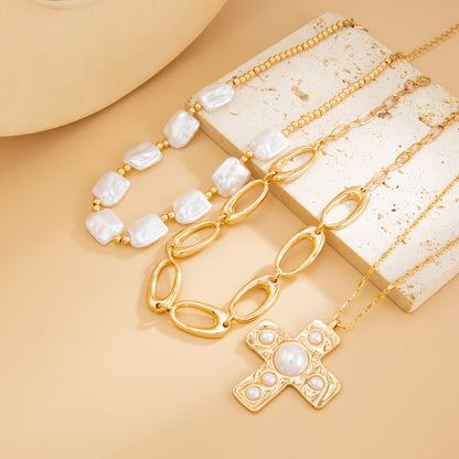 Baroque Pearl and Goldtone Oval Chain Cross Pendant Necklace Set, gold pendant necklace for women, side view