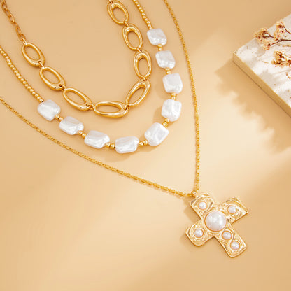 Baroque Pearl and Goldtone Oval Chain Cross Pendant Necklace Set, gold pendant necklace for women, detail close-up