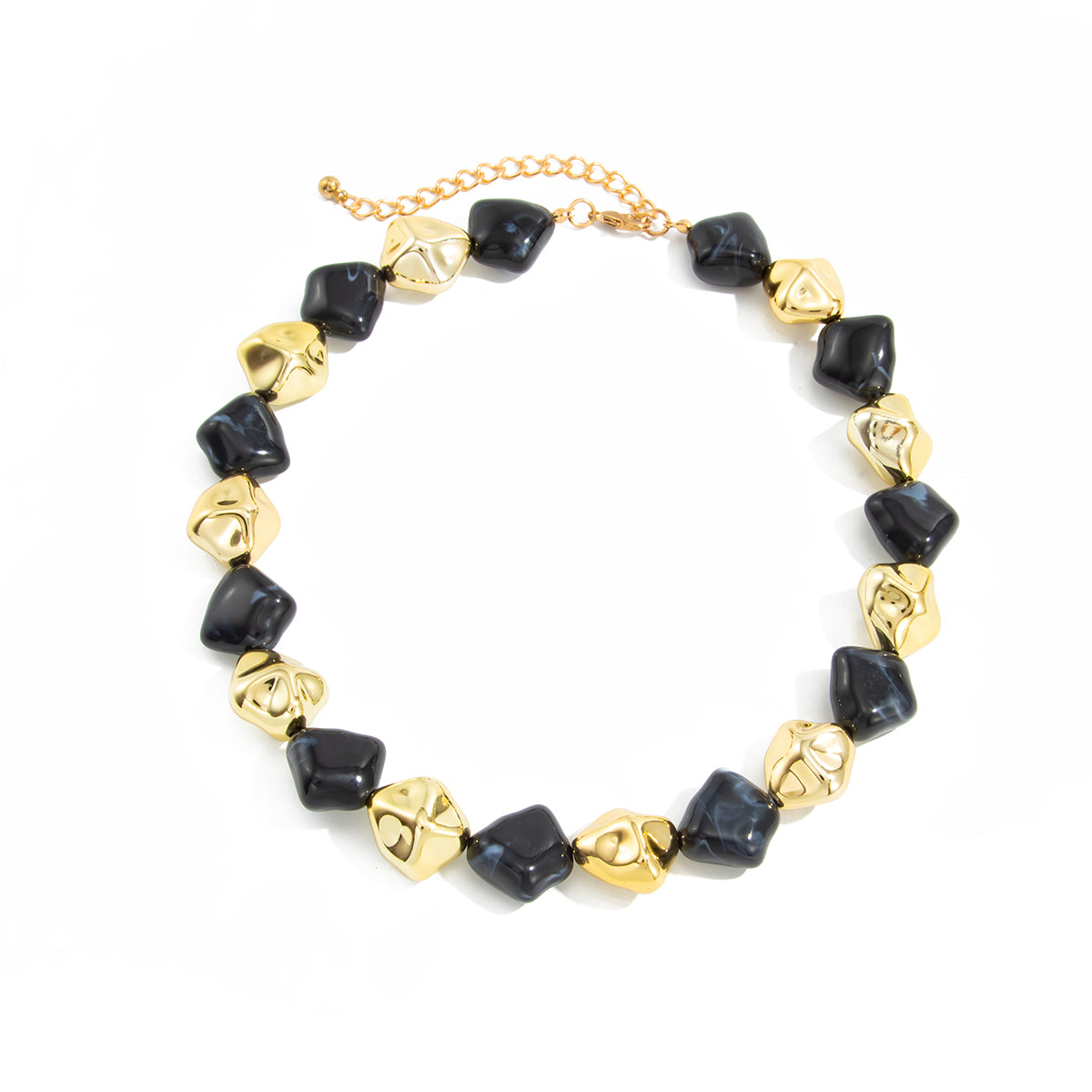 Black Resin and Goldtone Irregular Rhombus Station Collar Necklace, dainty minimalist design, front view