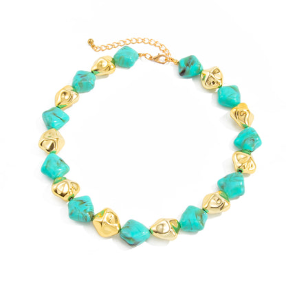 Teal Resin and Goldtone Irregular Rhombus Station Collar Necklace, elegant gift for her, front view