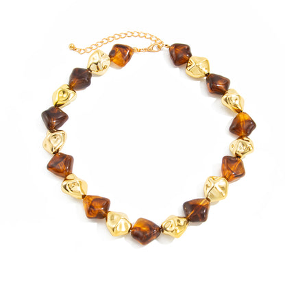 Coffee Resin and Goldtone Irregular Rhombus Station Collar Necklace, dainty minimalist design, front view