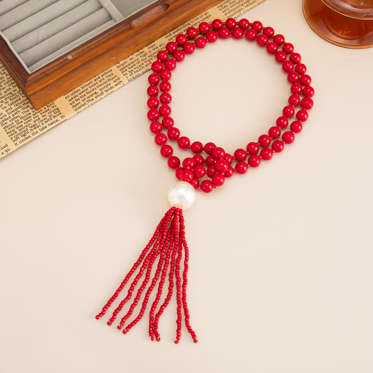 Red Resin and Pearl Big Ball Tassel Necklace, elegant gift for her, side view