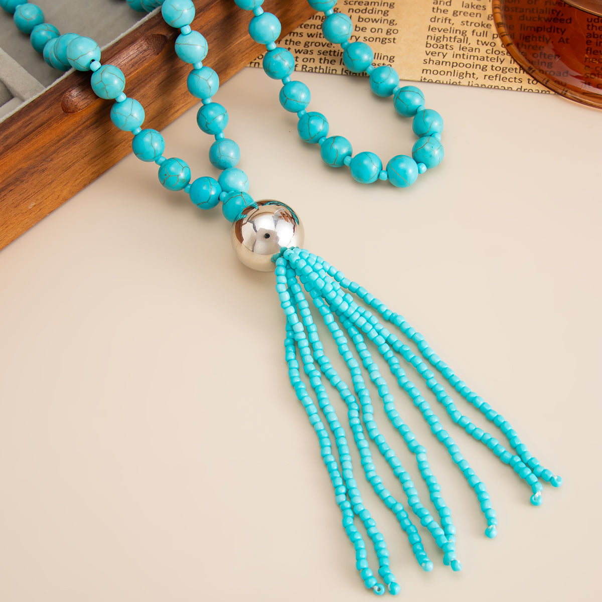 Blue Resin and Silvertone Big Ball Tassel Necklace, everyday style, detail close-up
