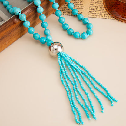 Blue Resin and Silvertone Big Ball Tassel Necklace, everyday style, detail close-up