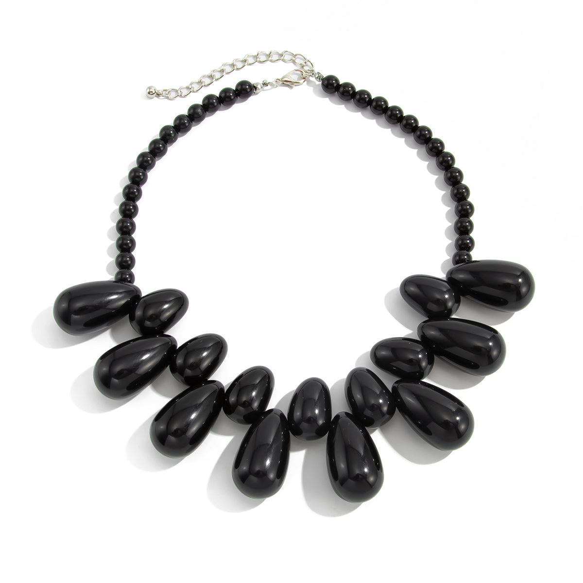 Black Resin and Silvertone Drops Collar Necklace, vintage-inspired design, front view