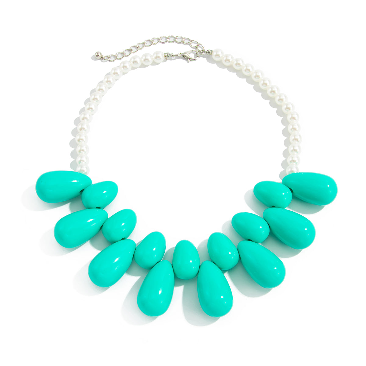 Green Resin and Pearl Silvertone Drops Collar Necklace, vintage-inspired design, front view