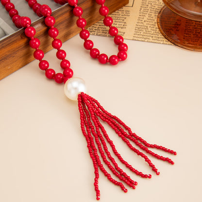 Red Resin and Pearl Big Ball Tassel Necklace, elegant gift for her, detail close-up