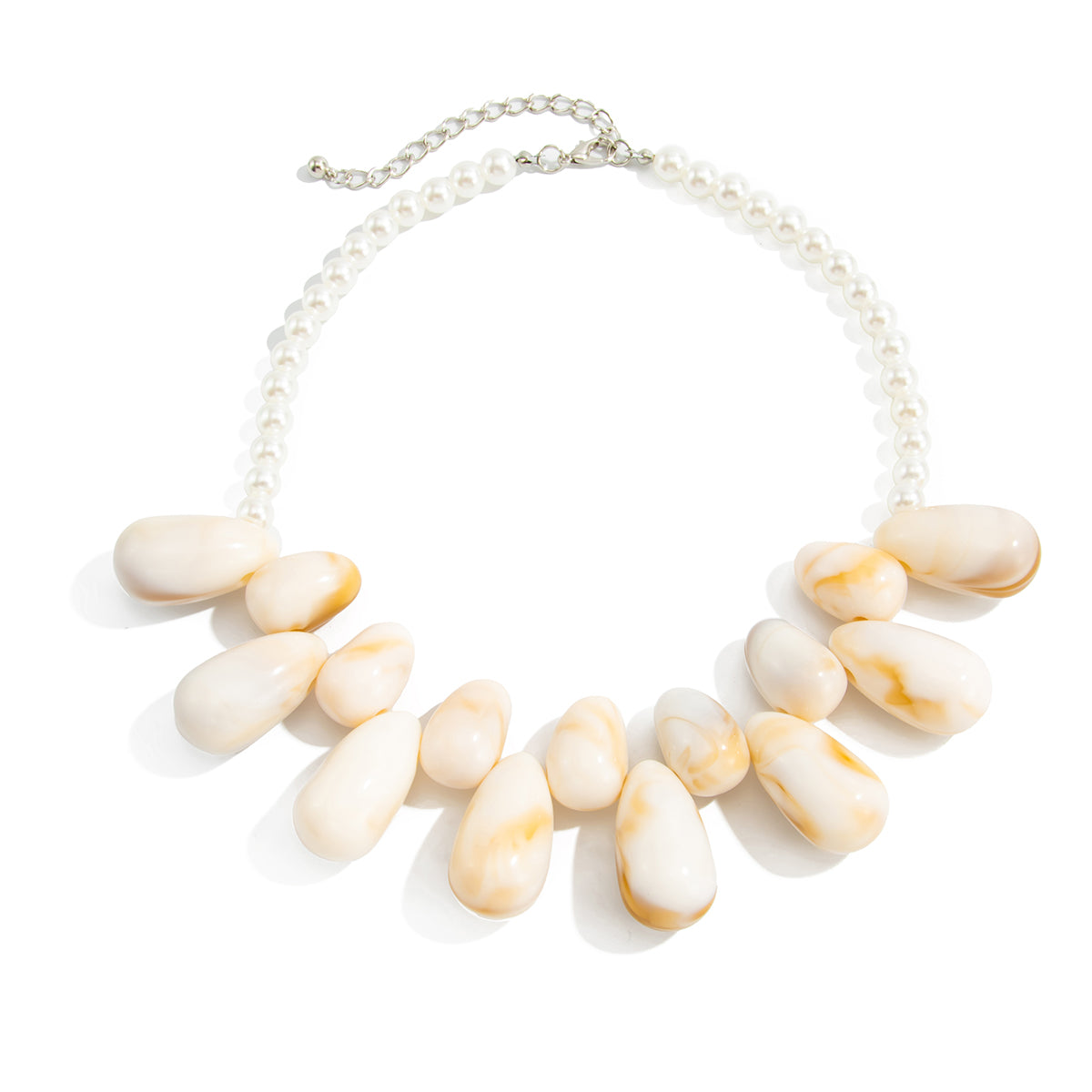 Beige Resin and Pearl Silvertone Drops Collar Necklace, dainty minimalist design, front view